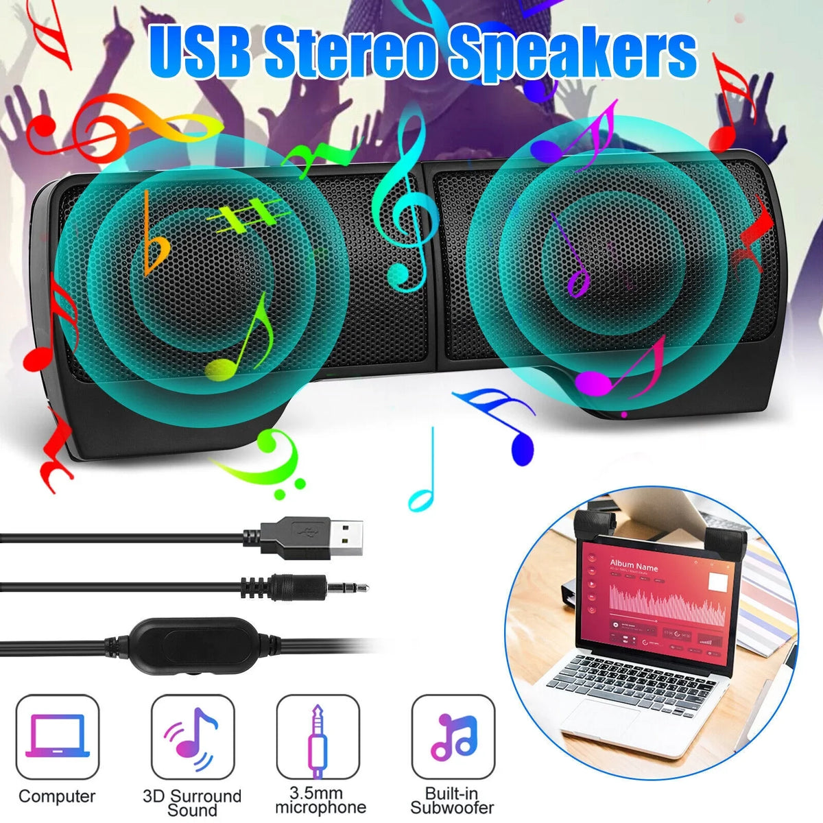 Stereo Sound Mini External USB Computer Speakers Notebook Tablet Clip-on Soundbar