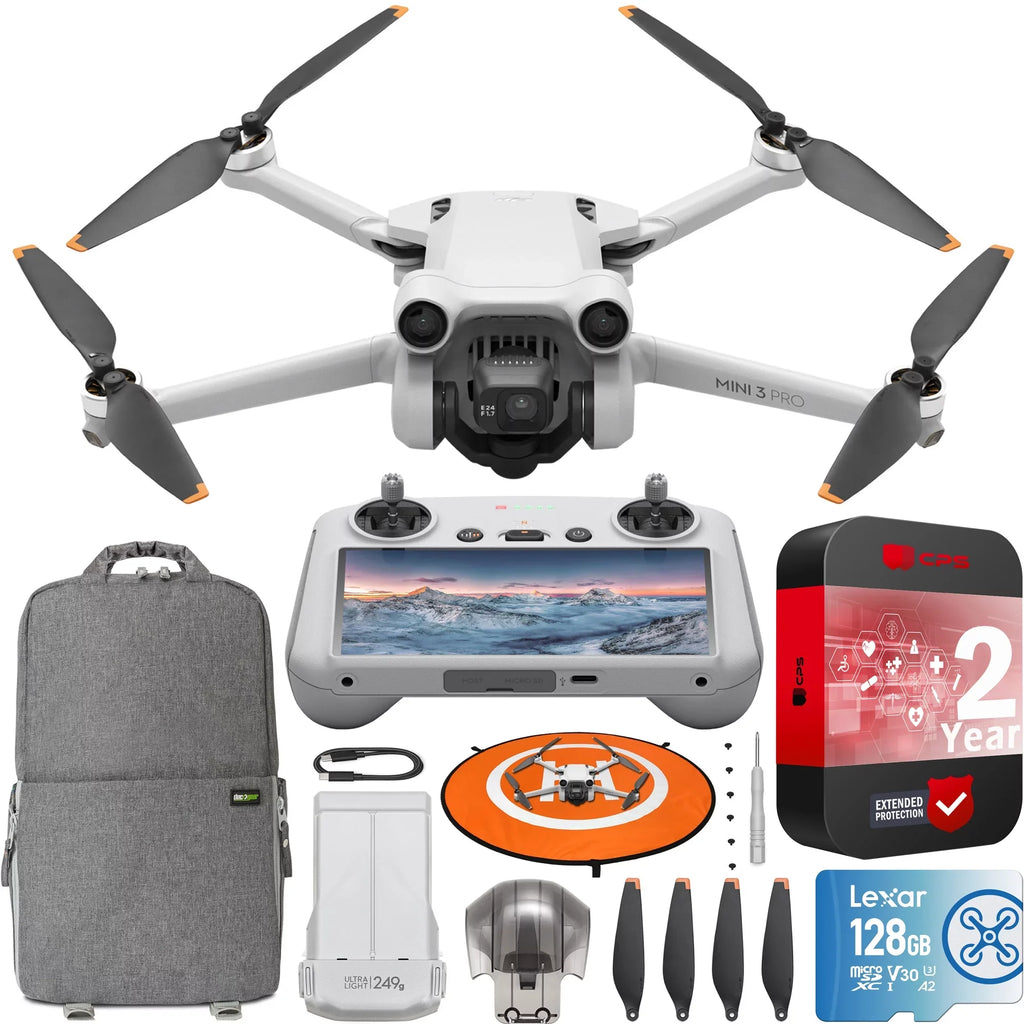 DJI Mini 3 Pro Camera Drone Quadcopter + RC Smart Remote (With Screen) 4K/60fps Video; 48MP; 34min Flight Time; Tri-Directional Obstacle Sensing Bundle w/ Deco Gear Backpack + 128GB Card &Accessories