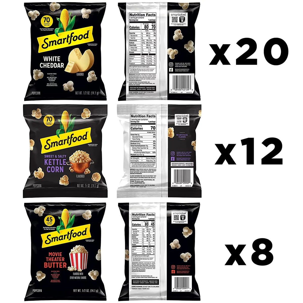 (2 pack) Smartfood White Cheddar; Kettle Corn & Movie Theater Butter Flavor Variety Pack Popcorn Snacks; 0.5 oz Bags; 40 Count Multipack