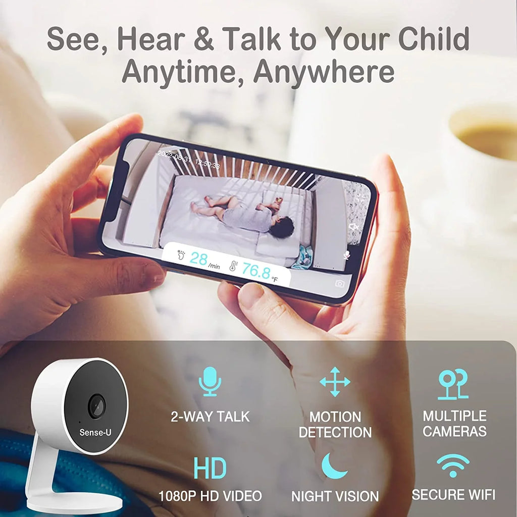 Sense-U Smart Baby Monitor 3+Camera; Audio; Video Baby Monitor That Notifies You for No Abdominal Movement; Rollover; High/Low Temperatures; Detected Motion; with Night Vision; 2-Way Talk; Long Range