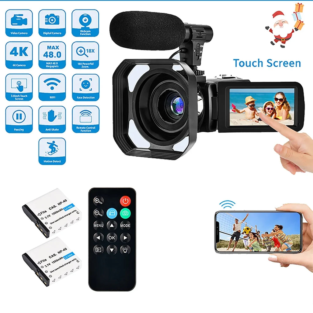 4K Camcorder Vlogging Camera for Youtube Ultra HD 48MP Video Camera with Microphone & Remote Control Wifi Digital Camera 3.0" IPS Touch Monitor