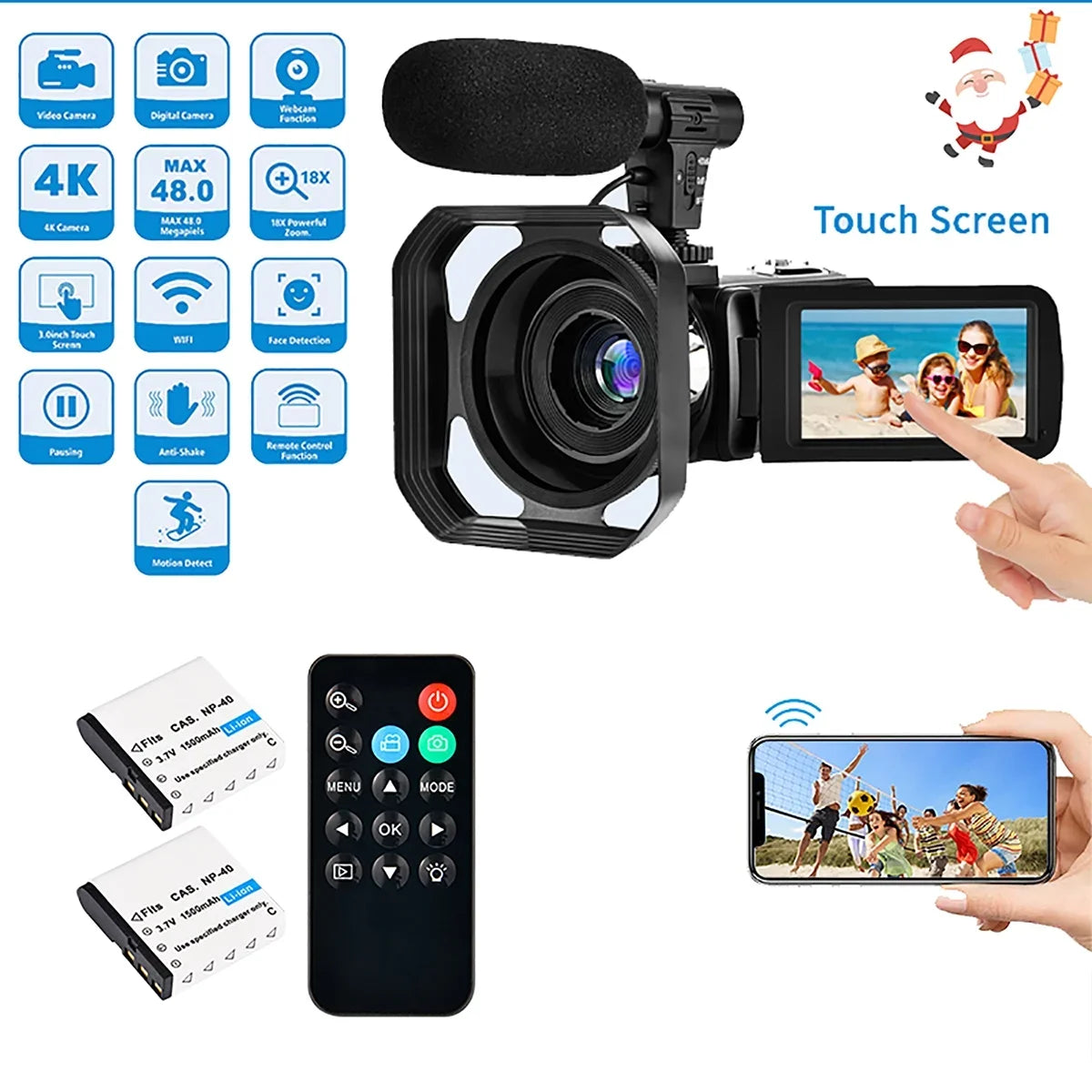 4K Camcorder Vlogging Camera for Youtube Ultra HD 48MP Video Camera with Microphone & Remote Control Wifi Digital Camera 3.0" IPS Touch Monitor