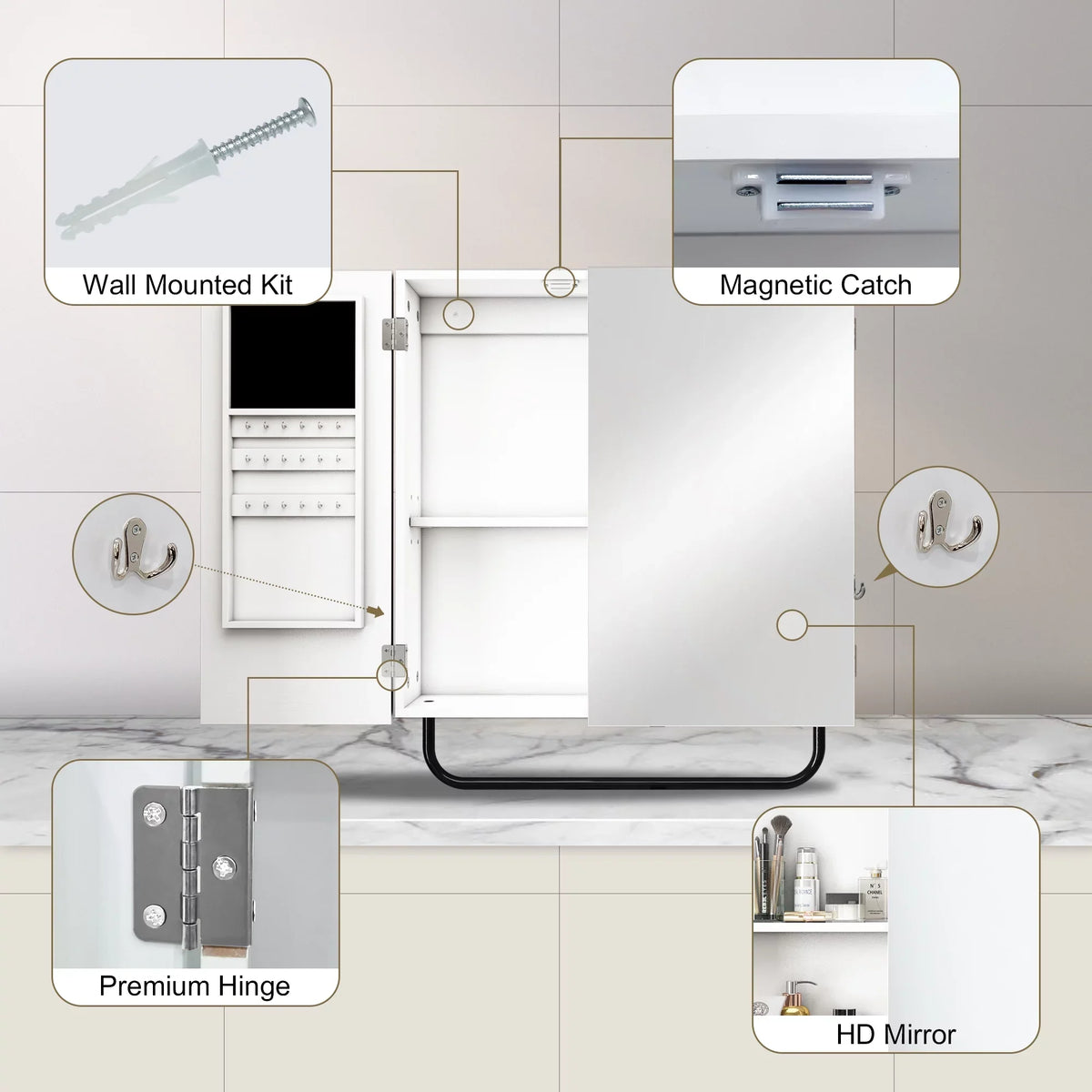 HLR Wall Mounted Jewelry Cabinet with Mirror, 2-Tiers Mirror Cabinet for Bathroom, Square