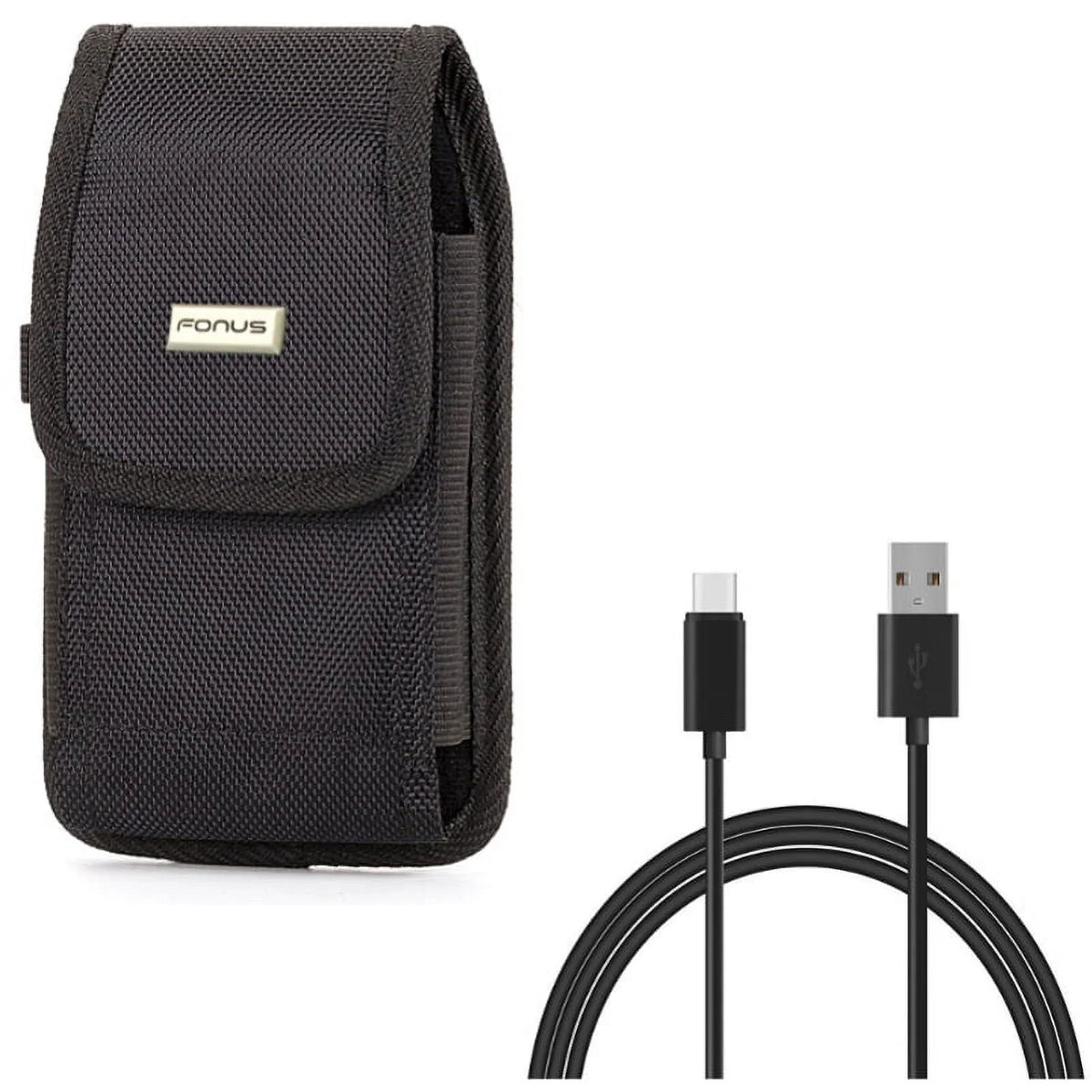 Rugged Canvas Case Holster Metal Belt Clip w Black 6ft Long Type-C Cable Rapid Charge USB Wire Sync Y8K for Blackberry Motion - BLU G9, Vivo XI Plus - Coolpad Legacy - Google Pixel XL 3a XL