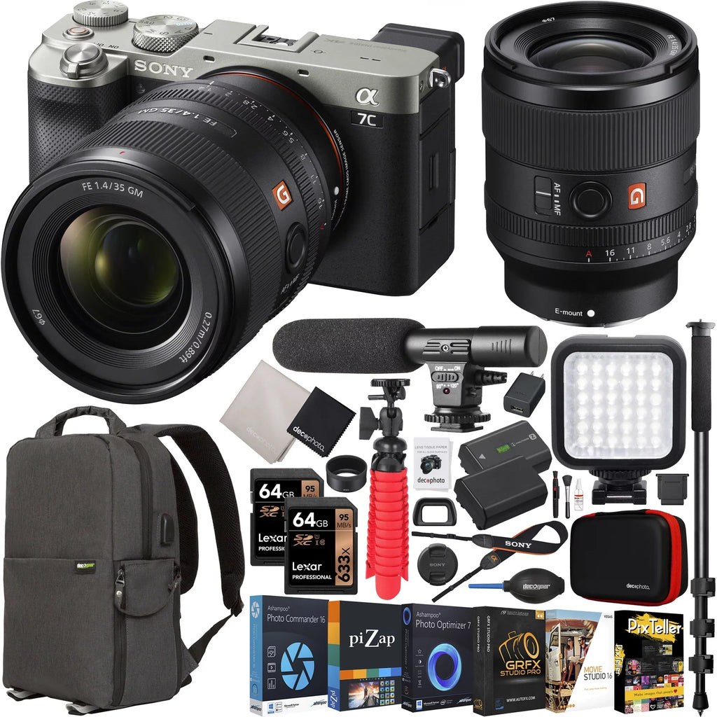 a7C Mirrorless Full Frame Camera Body + FE 35mm F1.4 GM G Master Lens SEL35F14GM Silver ILCE7C/S Bundle with Deco Gear Photography Backpack Case + Microphone + LED + Monopod and Accessories