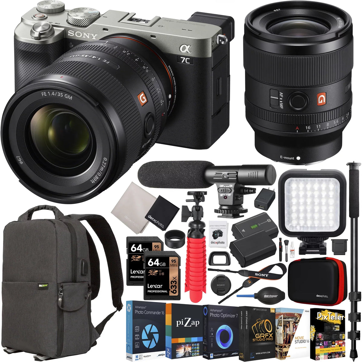a7C Mirrorless Full Frame Camera Body + FE 35mm F1.4 GM G Master Lens SEL35F14GM Silver ILCE7C/S Bundle with Deco Gear Photography Backpack Case + Microphone + LED + Monopod and Accessories