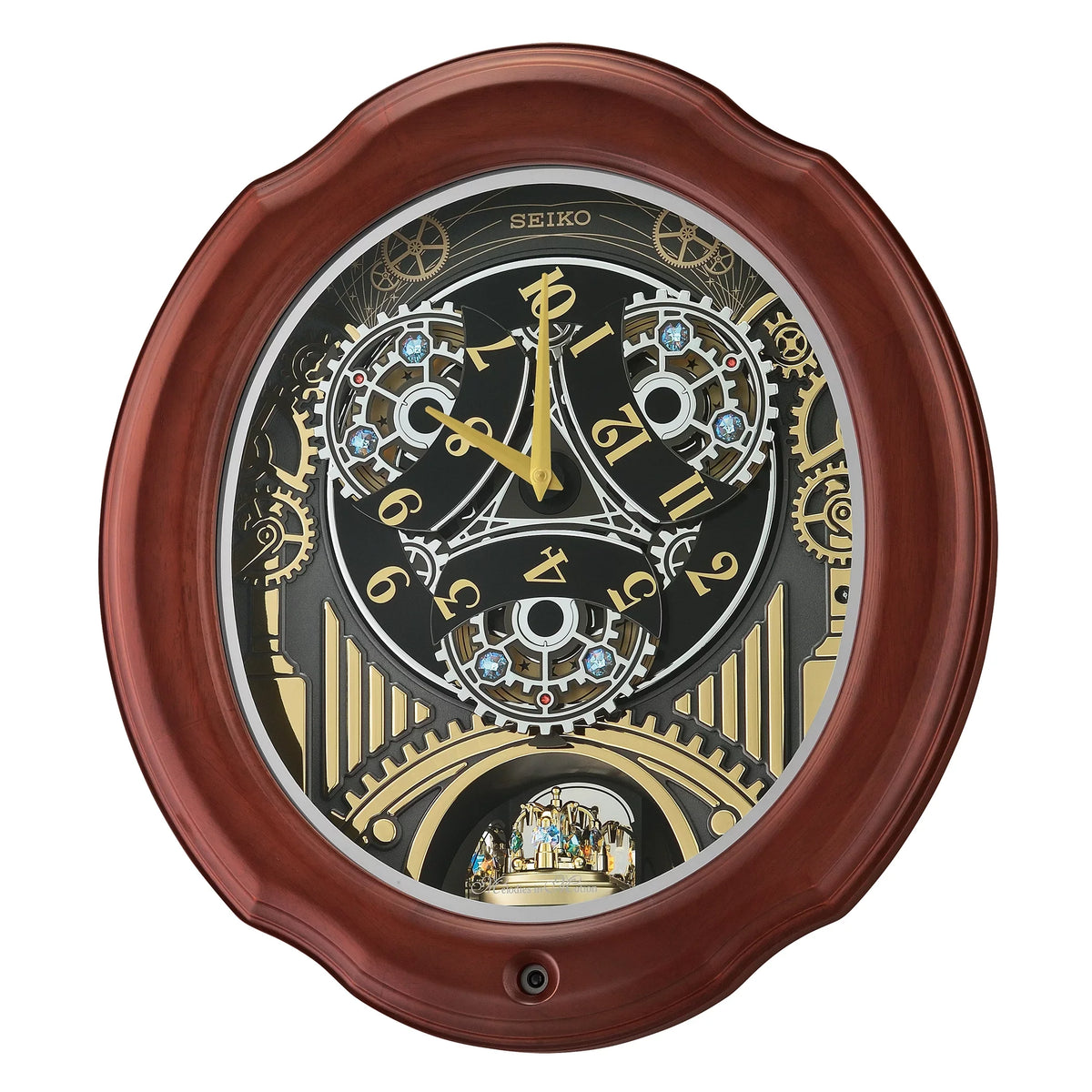Seiko Lines and Chimes Melodies In Motion; Brown Wood Frame Traditional Classic Music Rotating Pendulum Crystals QXM392BRH
