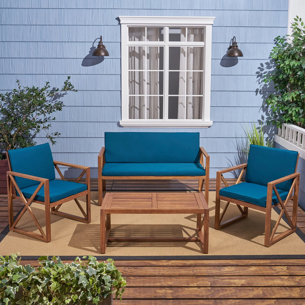 GDF Studio Arcadia Outdoor Acacia Wood 4 Seater Chat Set with Cushions, Brown and Dark Teal