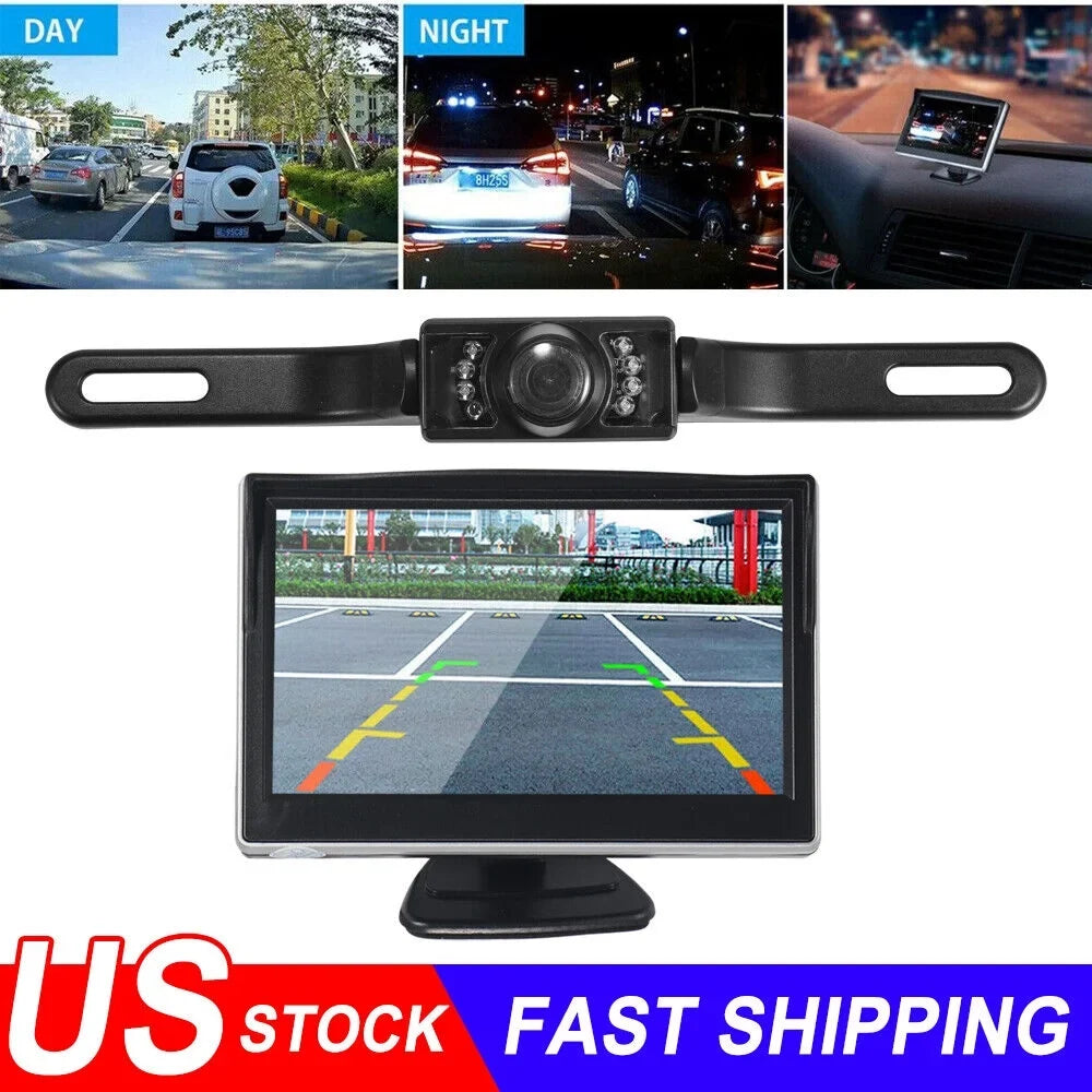 KingFurt Car Night Vision Backup Camera Kit 5" Wireless Monitor HD Rear View Fluid