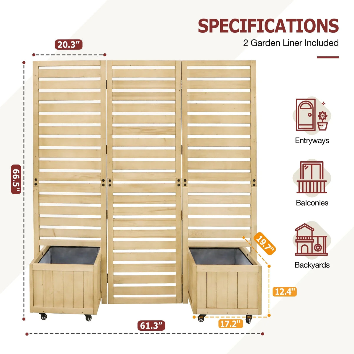 EAGLE PEAK Tri Fold Outdoor Cedar Privacy Display with 2 Raised Garden Beds, 3 Hinged Panels for Patio, Deck, Backyard, Freestanding Privacy Panel with Planter Boxes,61.3''L x 19.7''W x 66.5''H,Natural