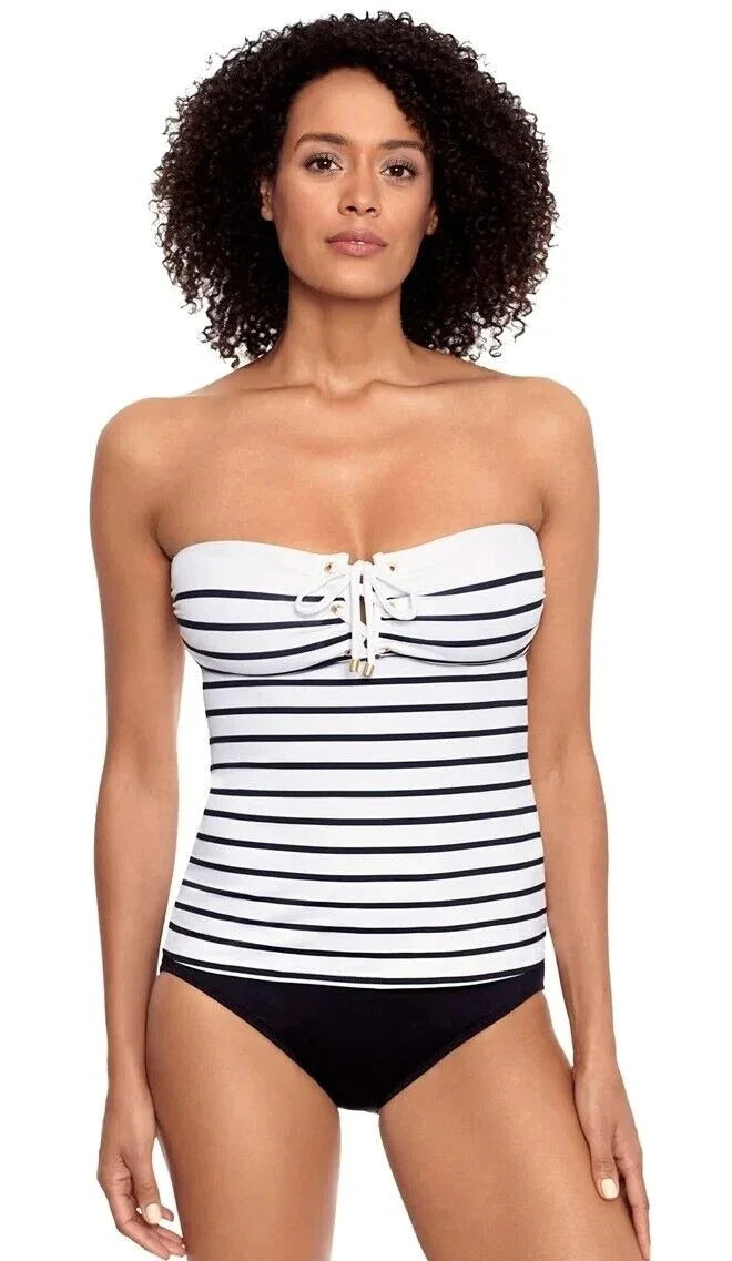 Ralph Lauren WHITE Striped Tummy-Control Tankini Swim Top, US 14