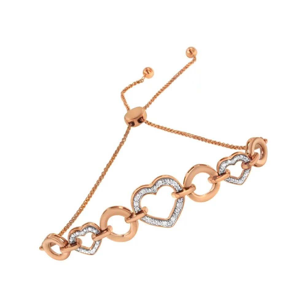 14K Rose Gold Plated .925 Sterling Silver Diamond Accent Circle and Heart Link Adjustable 6”-10” Bolo Bracelet (I-J Color; I3 Clarity)