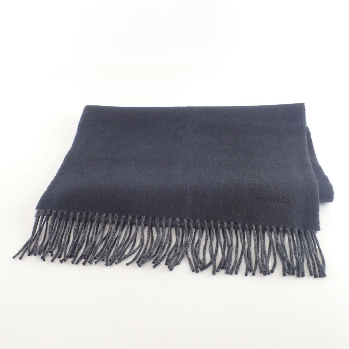 Pre-Owned HERMES Embroidered 100% Cashmere Scarf Black Grey (Good)