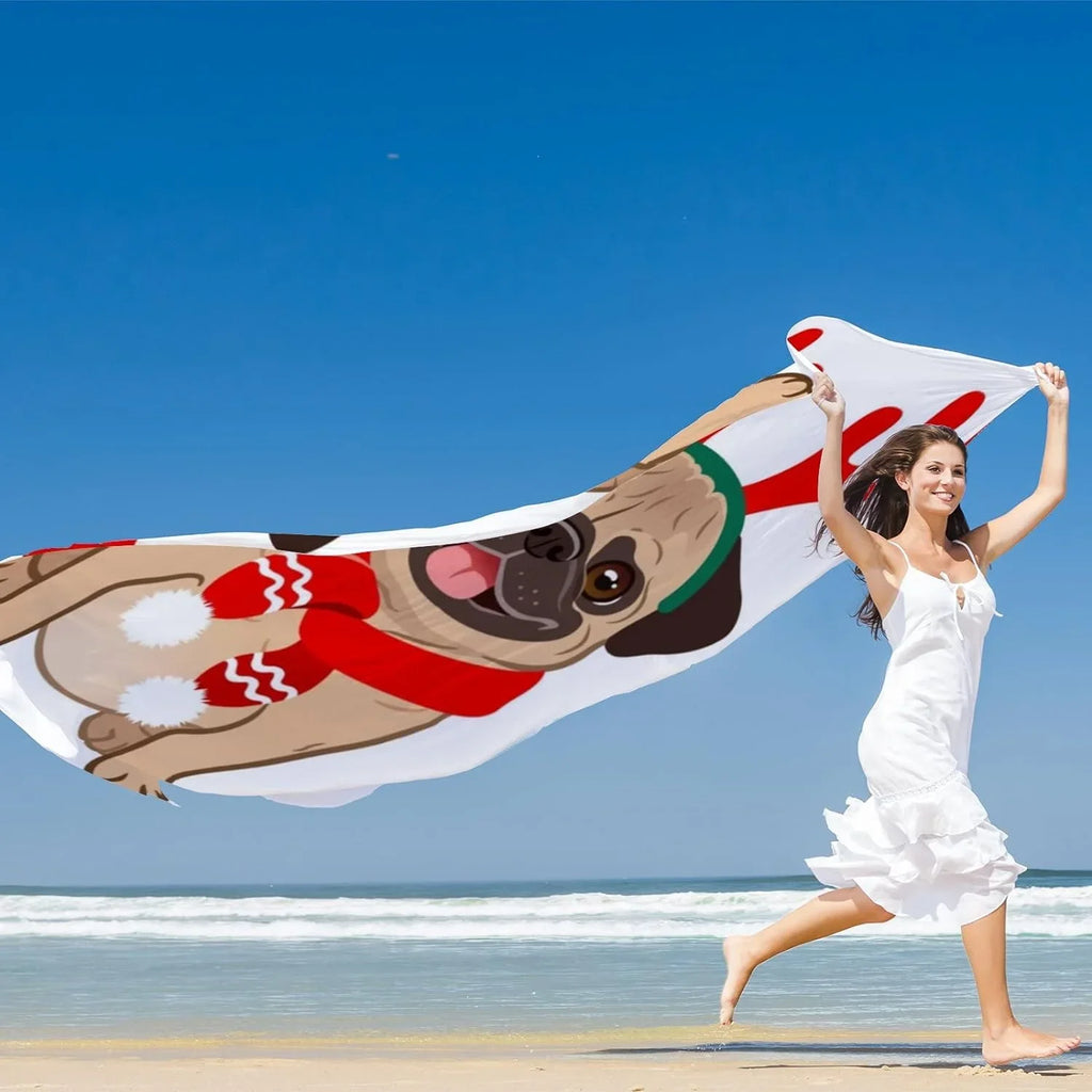 Hyjoy Christmas Pug Dog On White Long Silk Neck Scarf Lightweight Shawl Wrap Scarves for Women Girls