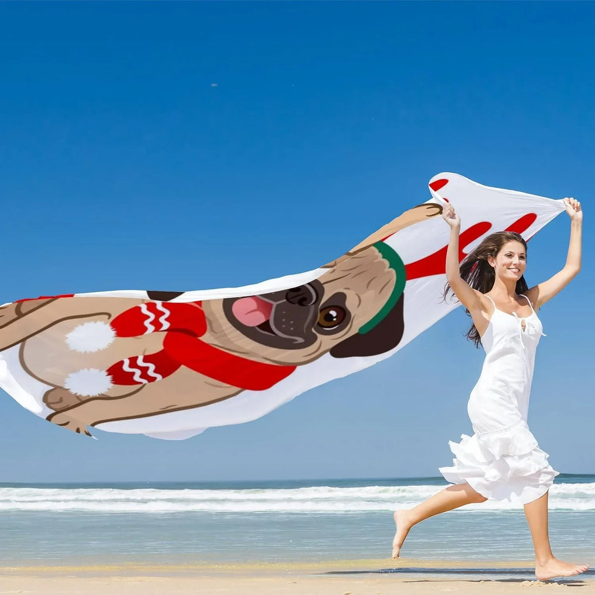 Hyjoy Christmas Pug Dog On White Long Silk Neck Scarf Lightweight Shawl Wrap Scarves for Women Girls