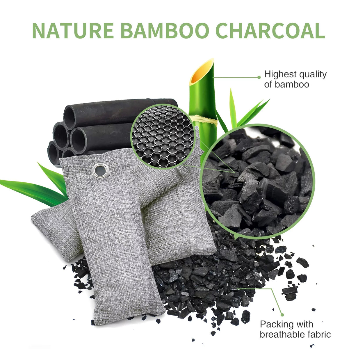 12 Pack Bamboo Charcoal Air Purifying Bag; Activated Charcoal Bags Odor Absorber; Moisture Absorber; Natural Car Air Freshener; Shoe Deodorizer; Odor Eliminators For Home; Pet; Closet (6x50g; 6x150g)