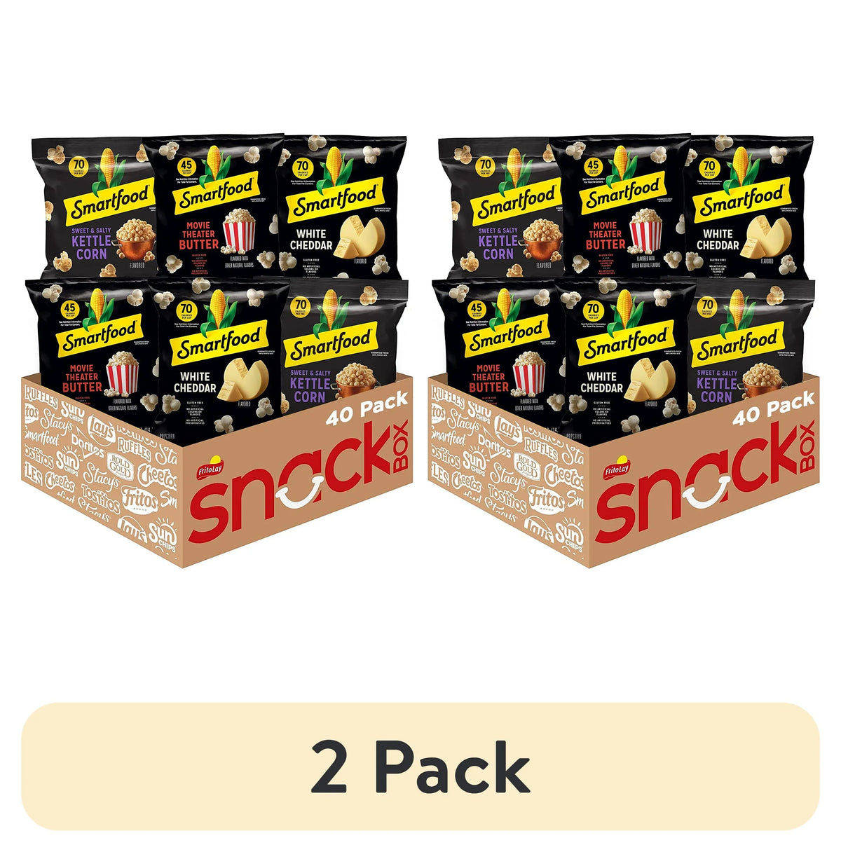 (2 pack) Smartfood White Cheddar; Kettle Corn & Movie Theater Butter Flavor Variety Pack Popcorn Snacks; 0.5 oz Bags; 40 Count Multipack