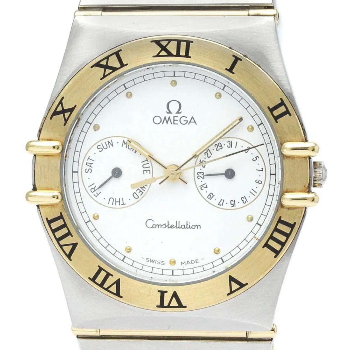 Pre-Owned Polished OMEGA Constellation Day Date 18K Gold Steel Watch 396.1070 BF566004 (Good)
