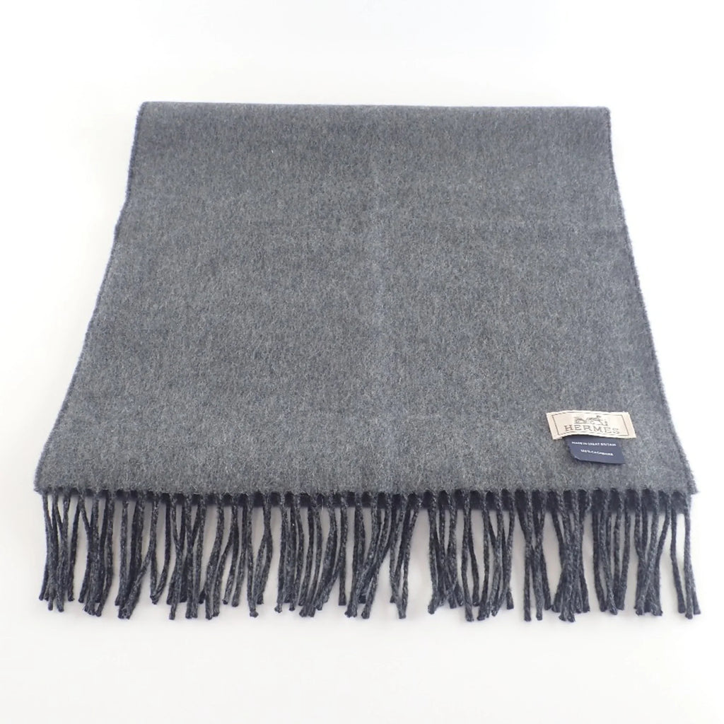 Pre-Owned HERMES Embroidered 100% Cashmere Scarf Black Grey (Good)
