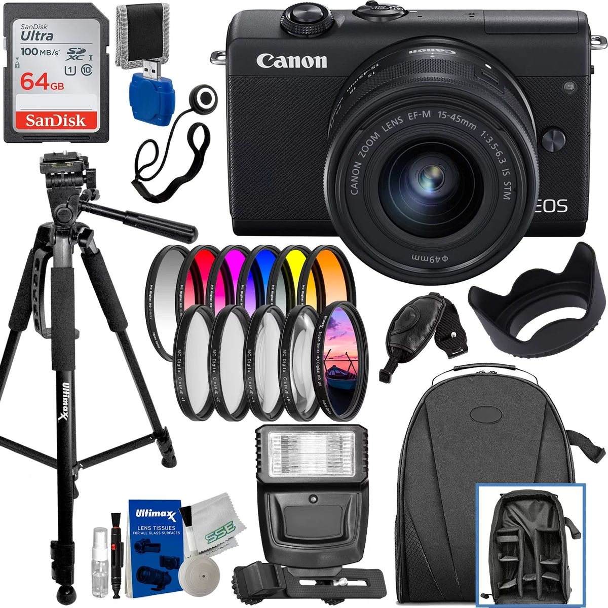 Ultimaxx Deluxe EOS M200 Mirrorless Camera w/ 15-45mm f/3.5-6.3 IS STM Lens Bundle - Includes: 64GB Ultra Memory Card, Digital Flash with Bracket & Much More