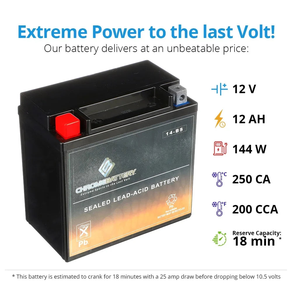 Chrome Battery YTX14-BS (14-BS 12 Volt,12 Ah, 200 CCA) Motorcycle Battery for Honda Vt1100c, C3, T Shadow (spirit, Aero, A. C. E. Tourer) 1100cc 01-'07
