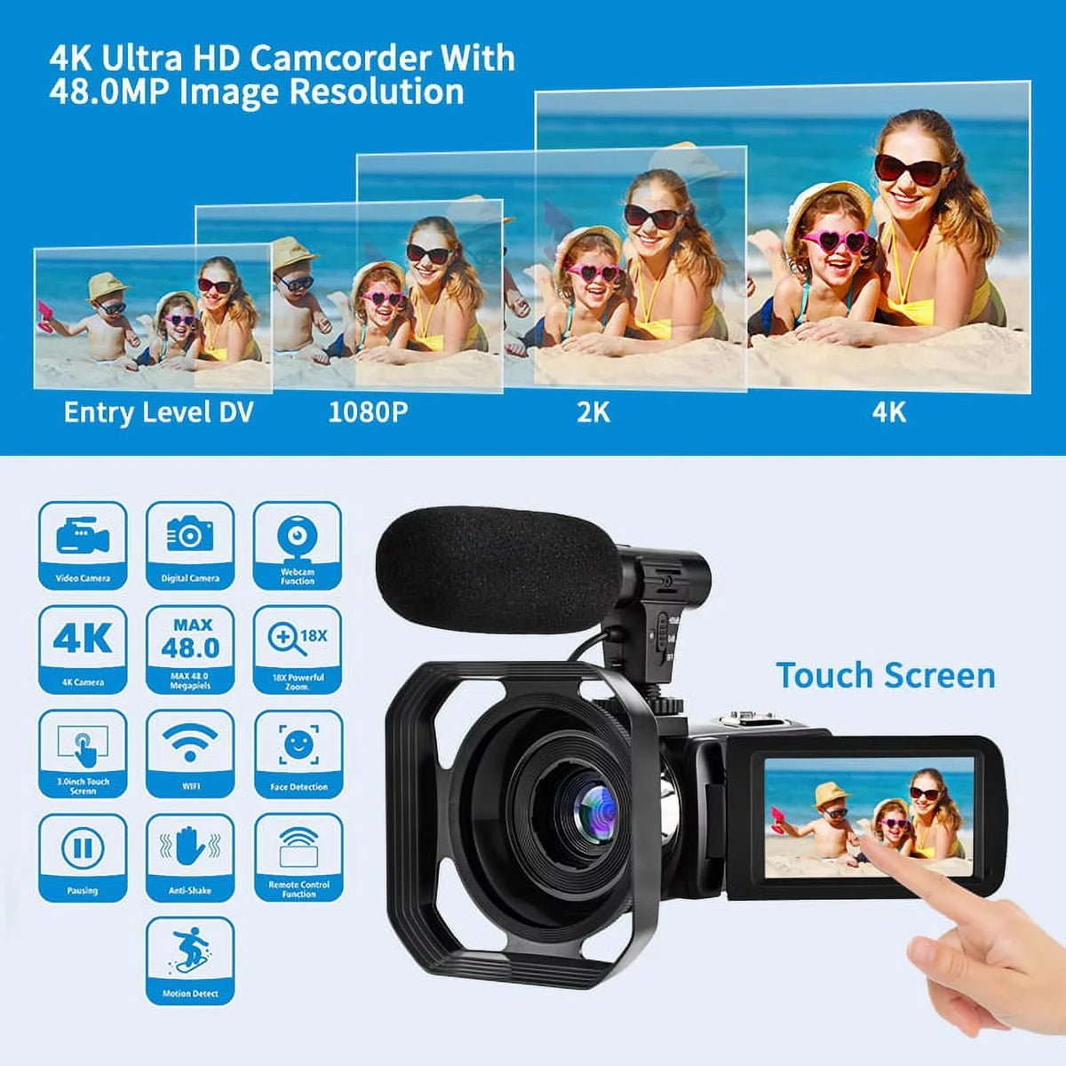 4K Camcorder Vlogging Camera for Youtube Ultra HD 48MP Video Camera with Microphone & Remote Control Wifi Digital Camera 3.0" IPS Touch Monitor