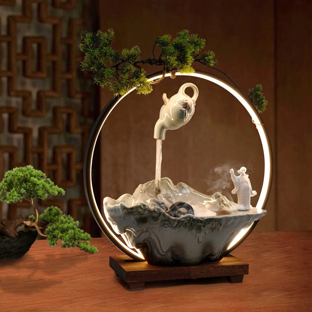 Tabletop Fountain with LED Light and Atomizer Streamfall Zen Meditation Desktop Rockery