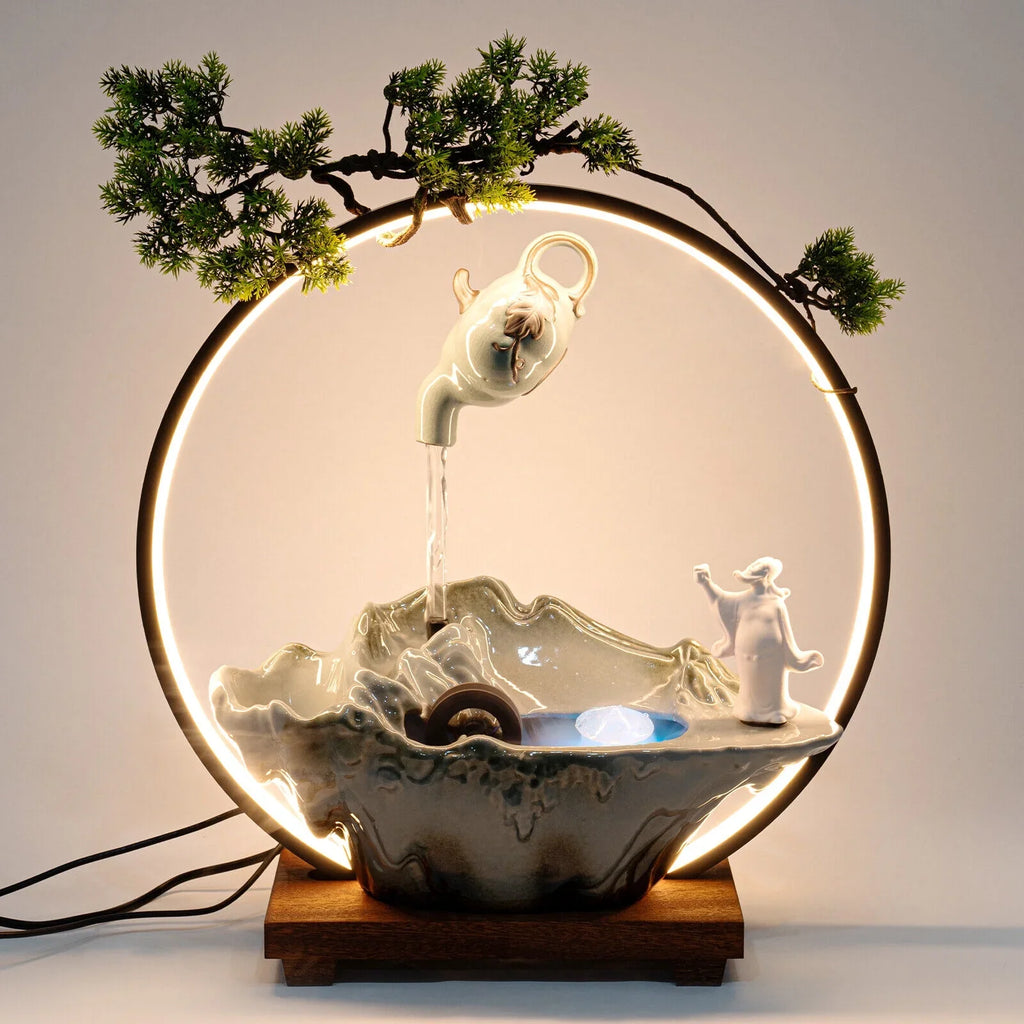 Tabletop Fountain with LED Light and Atomizer Streamfall Zen Meditation Desktop Rockery