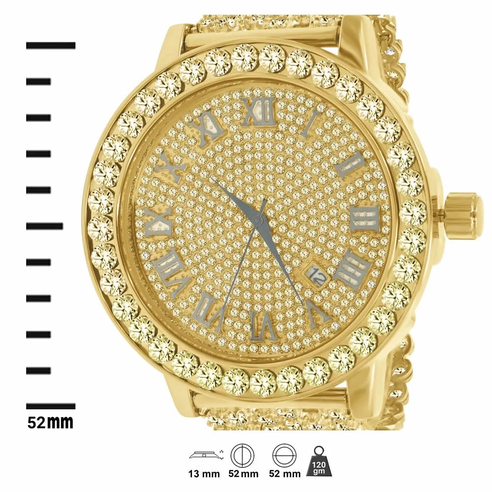 Mens Roman Numerals Watch Lab Diamond Canary Tone Stainless Steel 1 Row Bezel Custom Iced Out Band Khronos Jo Rodeo W/Date