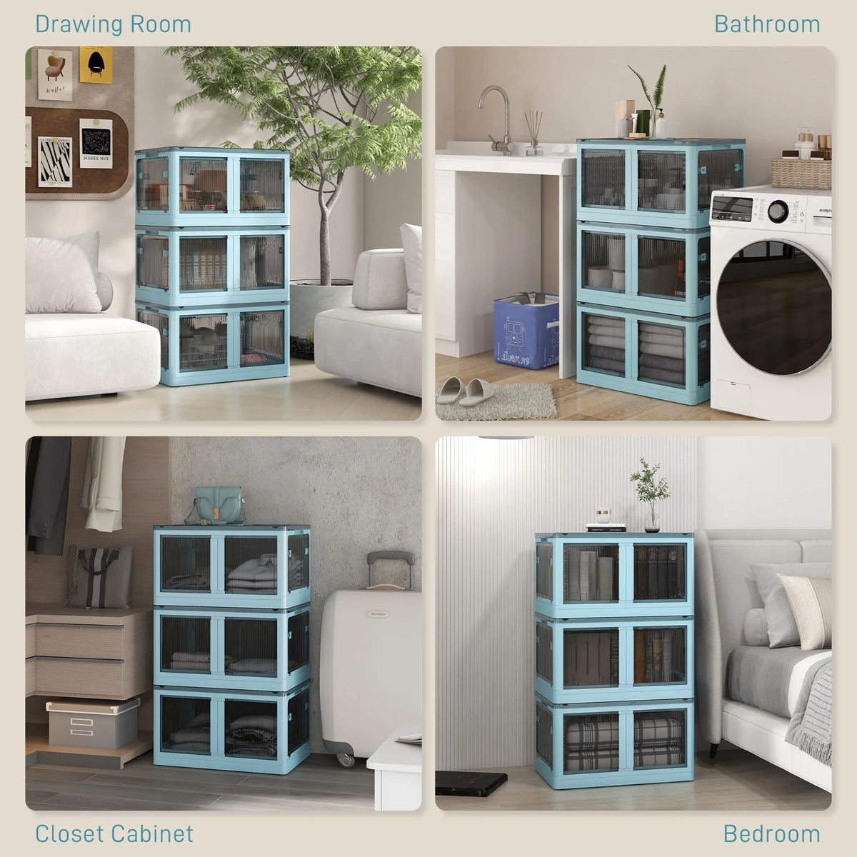 HOMCOM Stackable Storage Bins with Lids, Wheels, and Collapsible, Blue