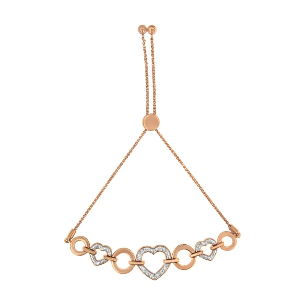 14K Rose Gold Plated .925 Sterling Silver Diamond Accent Circle and Heart Link Adjustable 6”-10” Bolo Bracelet (I-J Color; I3 Clarity)