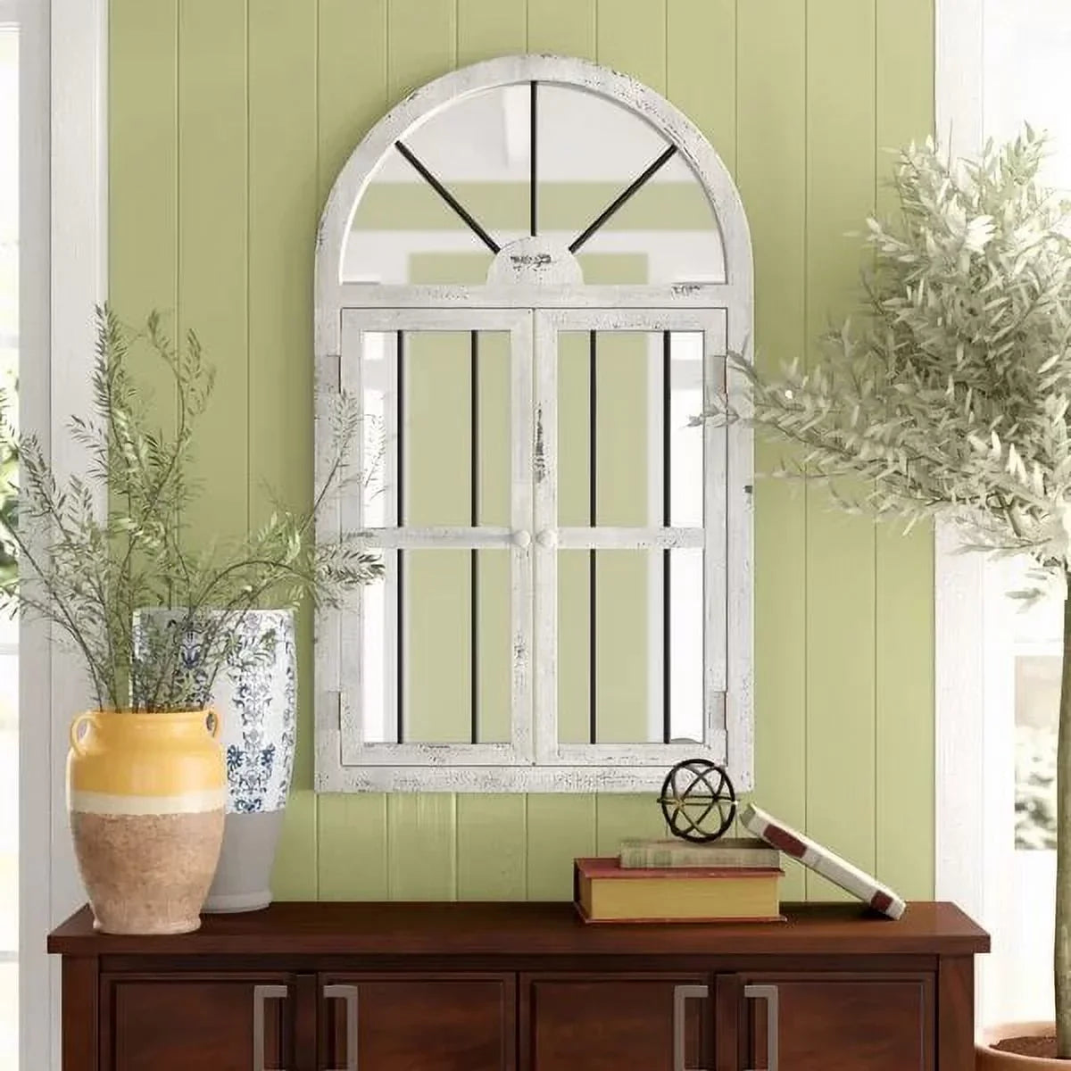 Arched Window Wall Mirror Cottage Chic White 42" x 25" by Aspire