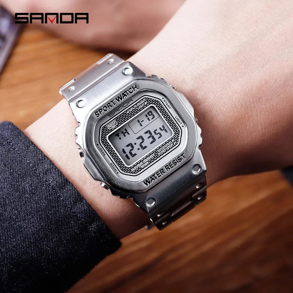 Sanda Top Brand Luxury Men's Watches Led Digital Watch Men 5atm Casual Liquidproof Wristwatch Steel Clock Relogio Masculino 390 - Digital Wristwatches