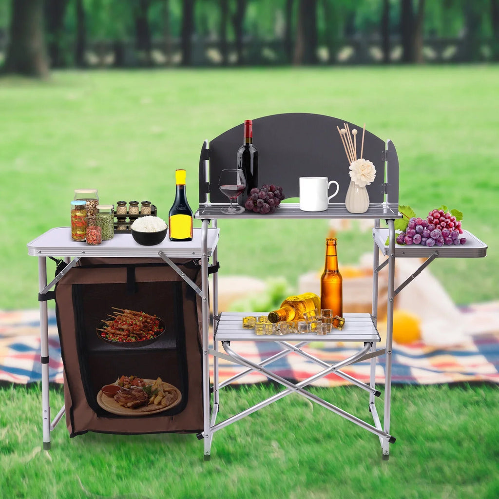 Folding Camping Station Portable Barbecue Table Rack+Brown Fabric Cover
