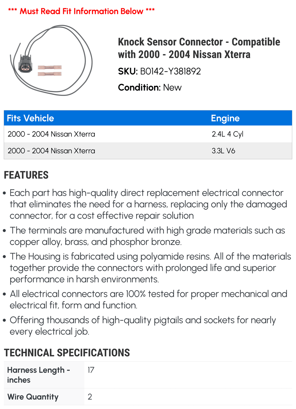 Knock Sensor Connector - Compatible with 2000 - 2004 Nissan Xterra 2001 2002 2003