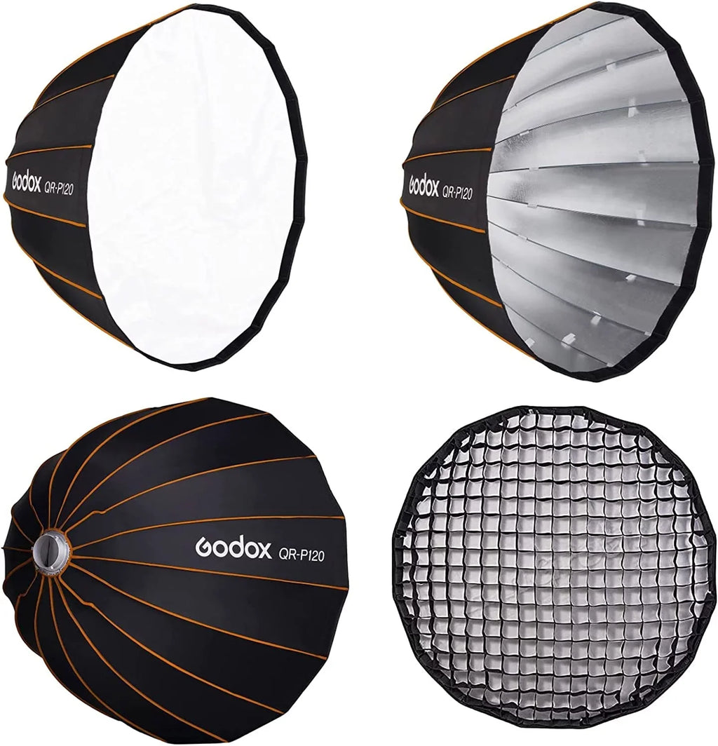 GODOX QR-P120 47.1 cm/120CM Parabolic Softbox Bowens Mount; Quick Release Parabolic Softbox; with Front & Inner Diffuser SL-60W AD600BM VL150 UL150 SL150II Amaran 100X 200D 200X w/Grid
