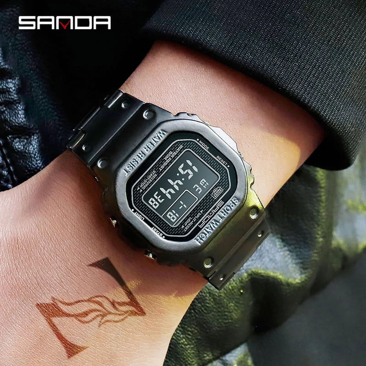 Sanda Top Brand Luxury Men's Watches Led Digital Watch Men 5atm Casual Liquidproof Wristwatch Steel Clock Relogio Masculino 390 - Digital Wristwatches