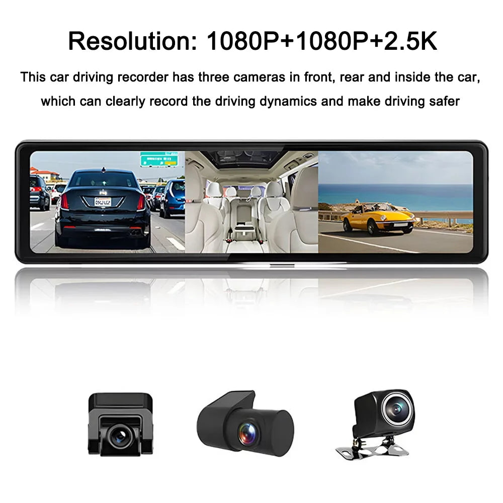 12in Rearview Mirror Dash Cam: 3 Cameras; 2.5K Clear Video Recording - BT Connectivity; Touchscreen; Auto Driving Recorder - Capture Every Moment on the Road