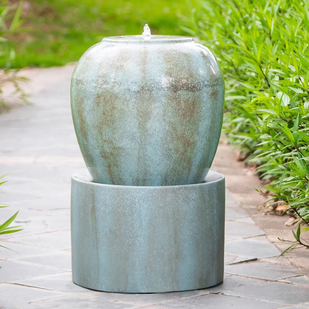 CoSoTower 19.5X19.5X32.5" Heavy Outdoor Cement Fountain Antique Blue, Cute Unique Urn Design Fluid Feature for Home Garden, Lawn, Deck & Patio