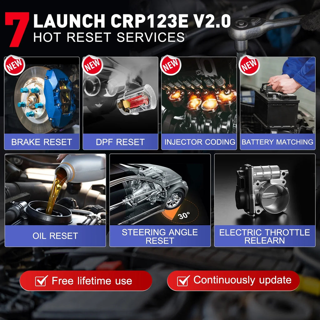 LAUNCH CRP123E V2.0 Obd Car Diagnostic Scanner Check Engine Fault Code Reader with Oil Reset, Brake Reset, Injector Reset, Battery Test, DPF Reset