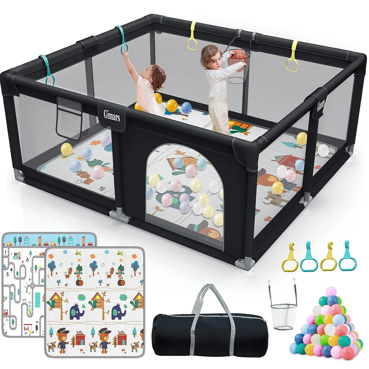 Upgraded 320D Washable Baby Playpen with Padding Mat; 6in1 Large Playpen for Toddlers; Sturdy & Safe Playpen with Padded Cotton Top Rod for Protecting Babies; Baby Play Yard with Zipper Gate