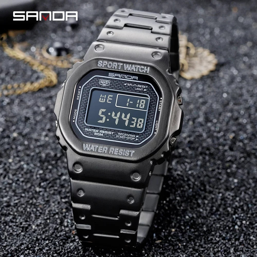 Sanda Top Brand Luxury Men's Watches Led Digital Watch Men 5atm Casual Liquidproof Wristwatch Steel Clock Relogio Masculino 390 - Digital Wristwatches