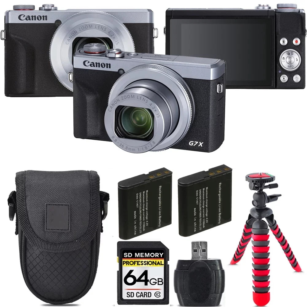 PowerShot G7 X Mark III Digital Camera (Silver) + Extra Battery +Tripod + Case -64GB Kit
