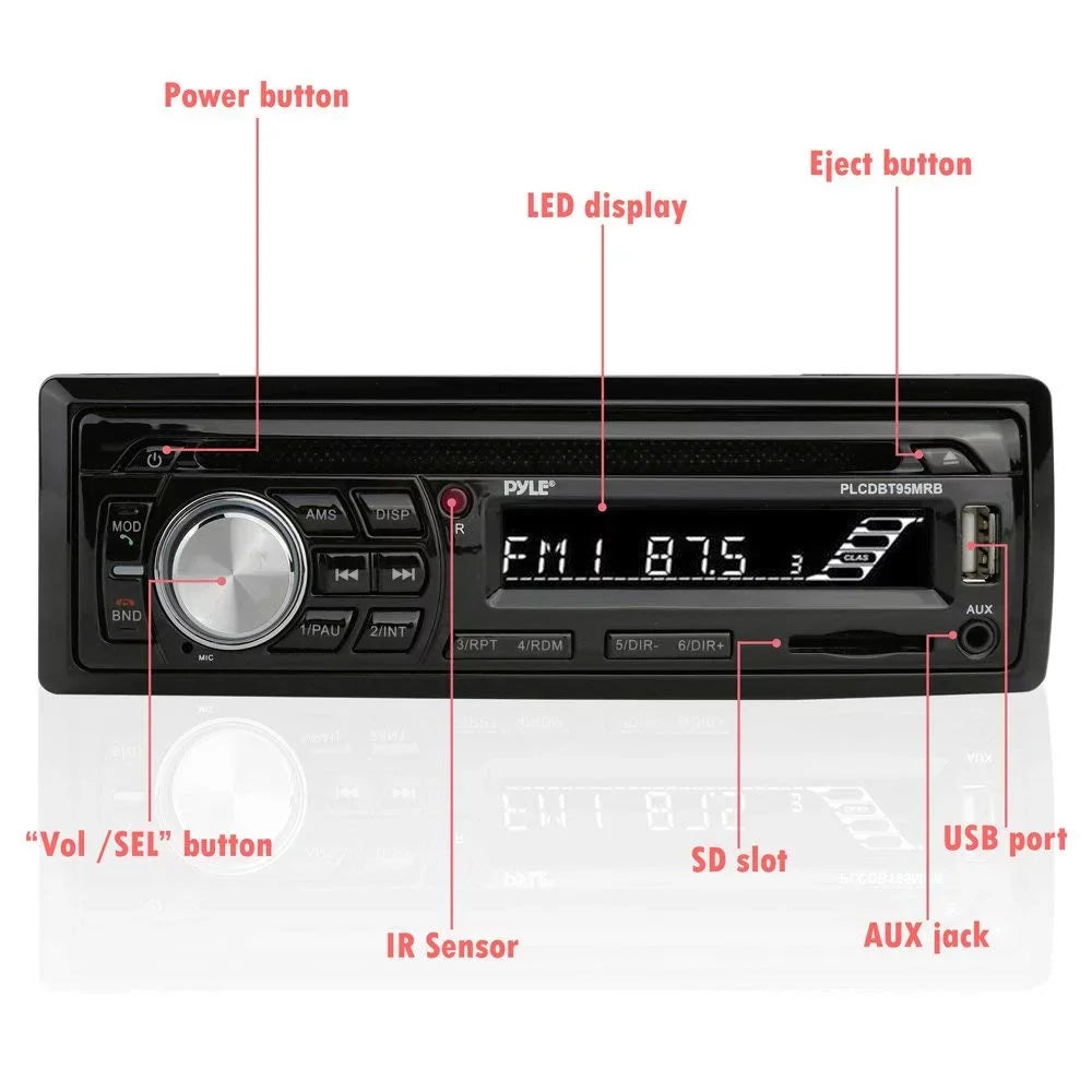 PYLE PLCDBT95MRB - Wireless Bluetooth Marine Audio Stereo - Kit w/Single DIN Universal Size Radio Receiver; Hands-Free Calling; 6.5" Streamproof Speakers; CD Player; MP3/USB/SD Readers & AM/FM Radio