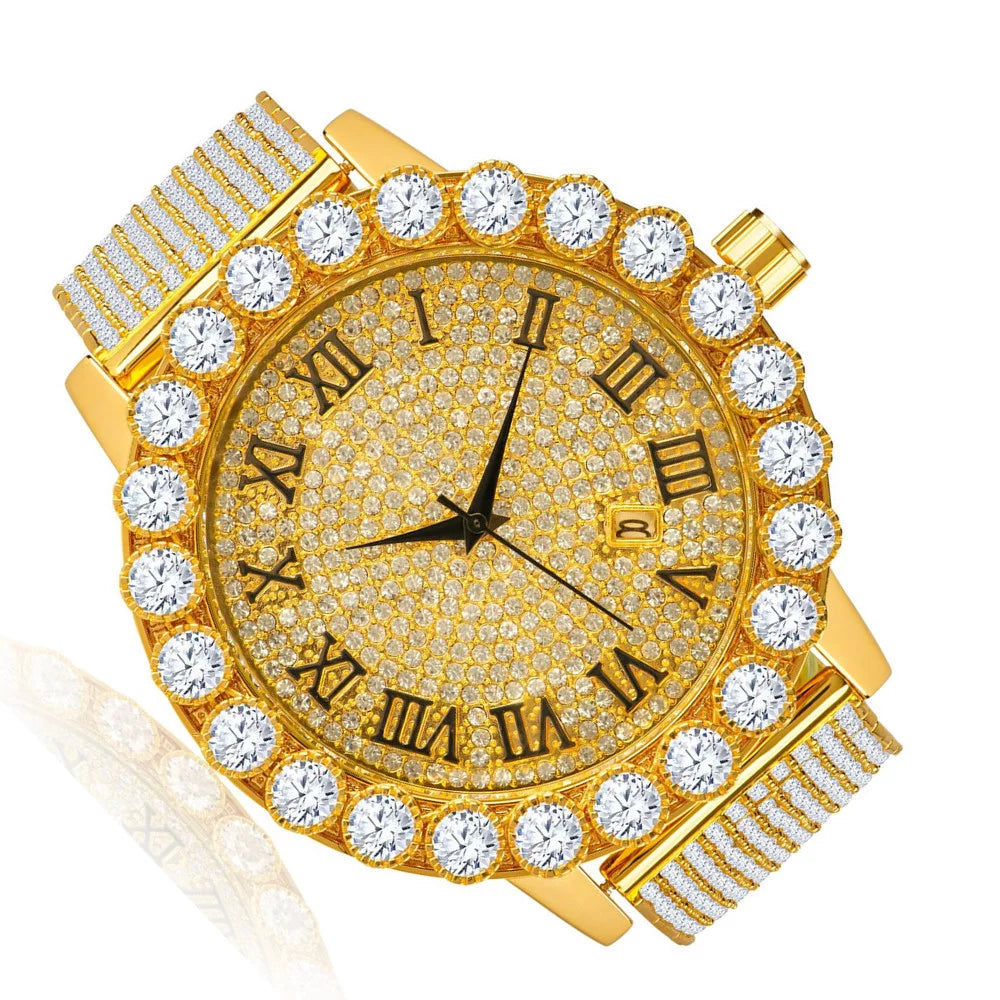 Roman Dial Solitaire Bezel Men's lab Diamond 18K Yellow Gold Finish Stainless Steel Back 10 Row Iced Out Band Custom Khronos Watch W/Date