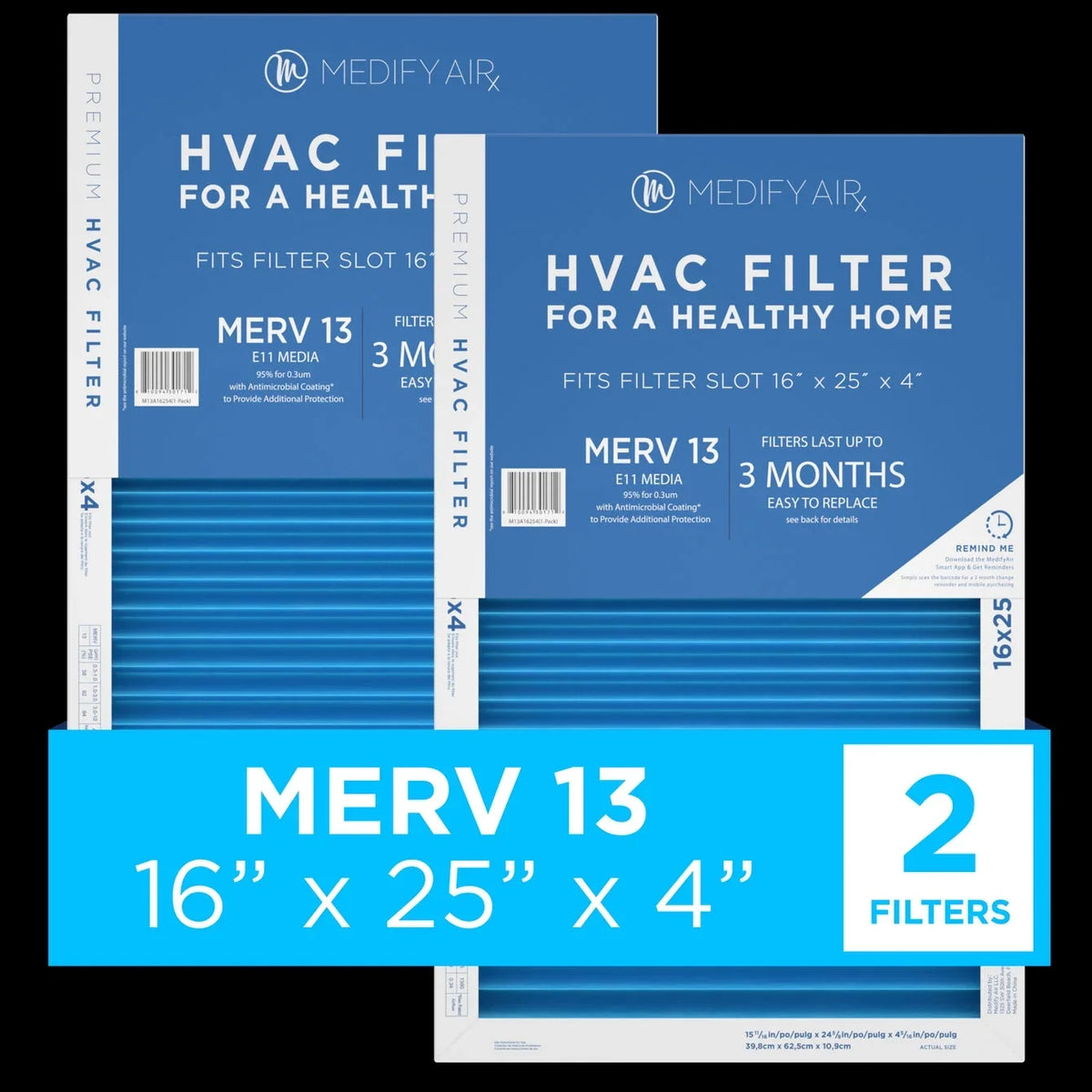 Medify Air 16x25x4 Pleated Filter 95% Particles HEPA Air Cleaning (MERV 13, 2-Pack)