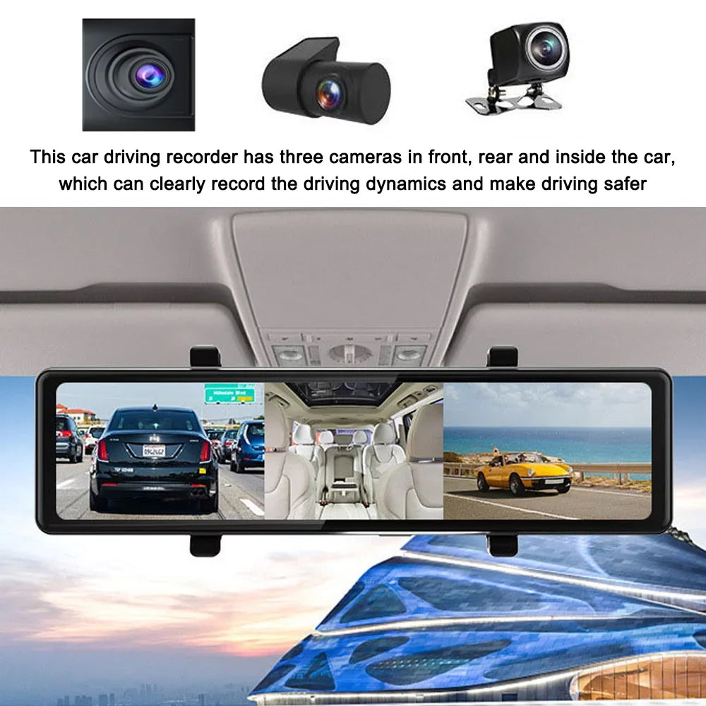12in Rearview Mirror Dash Cam: 3 Cameras; 2.5K Clear Video Recording - BT Connectivity; Touchscreen; Auto Driving Recorder - Capture Every Moment on the Road