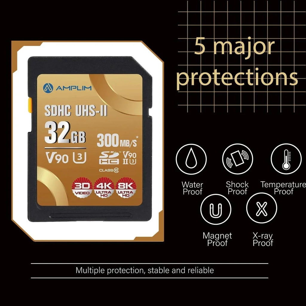 Amplim Extreme High Speed 32GB UHS-II V90 SDXC SD Card for 4K 8K UHD Video Camera Camcorder