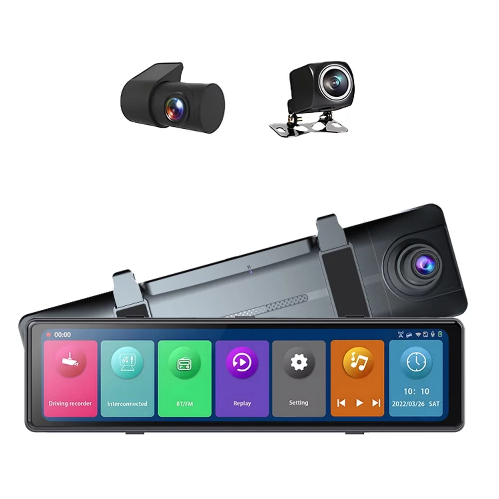 12in Rearview Mirror Dash Cam: 3 Cameras; 2.5K Clear Video Recording - BT Connectivity; Touchscreen; Auto Driving Recorder - Capture Every Moment on the Road