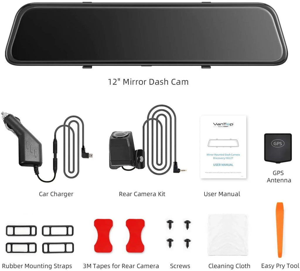 4K 12" Mirror Dash Cam - Vantop H612T Front & Rear View Dual Dash Camera, IPS Touch Display Voice Control Cars Mirror Camera W/Night Vision Parking Monitor